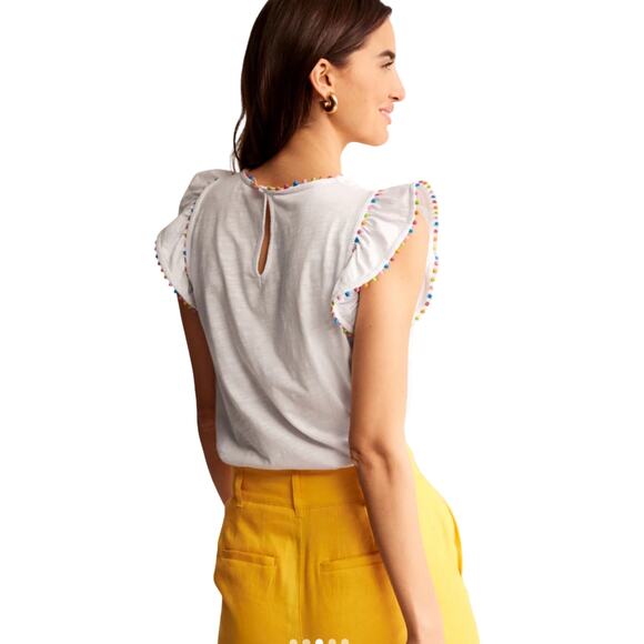 Boden White Pom Trim Ruffle Sleeve Cotton Top Size US 10 - Picture 2 of 9